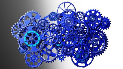 Mechanism blue metallic gears and cogs at work under white spot lighting background. Industrial machinery. 3D illustration. 3D high quality rendering. 3D CG.
