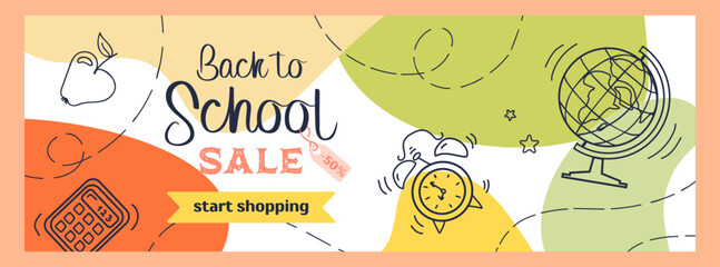 Back to school. Bright horizontal modern banner in sketch style and pastel colors. Learning attributes - globe, calculator and alarm clock. For advertising banner, website, sale flyer.