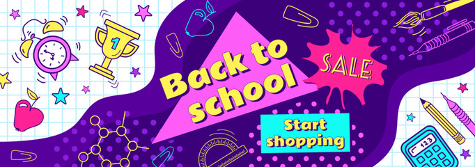 Back to school. Bright horizontal vintage banner, cartoon comic style. Learning symbols, neon colors, 90s. Alarm clock, apple, calculator, pencils. For advertising banner, website, sale flyer