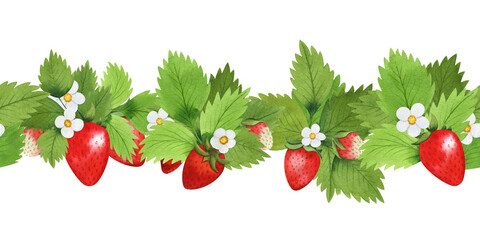 Seamless strawberry border. Watercolor ornament isolated on white background.