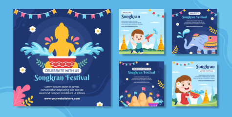 Songkran Festival Day Social Media Post Template Cartoon Background Vector Illustration