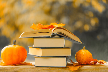 Autumn thematic reading. Books and pumpkins set in autumn garden with the rays of the sun.Start...