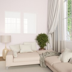 Simulate the interior living room frame with white wall and modern style sofa color beige.3d rendering