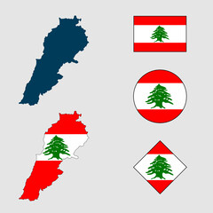 Vector of Lebanon country outline silhouette with flag set isolated on white background. Collection of Lebanon flag icons with square, circle, rectangle and map shapes.