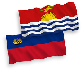 Fototapeta na wymiar National vector fabric wave flags of Liechtenstein and Republic of Kiribati isolated on white background. 1 to 2 proportion.