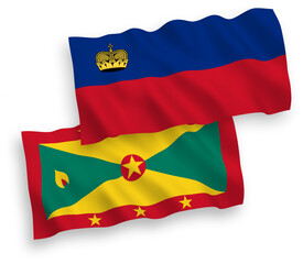 National vector fabric wave flags of Liechtenstein and Grenada isolated on white background. 1 to 2 proportion.