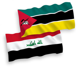 National vector fabric wave flags of Republic of Mozambique and Iraq isolated on white background. 1 to 2 proportion.