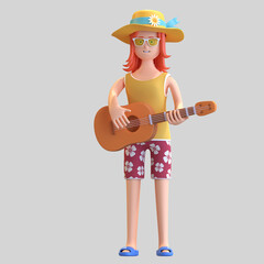 Girl playing guitar on beach 3D character illustration
