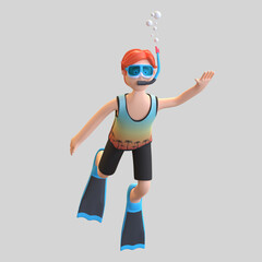 Man diving with a snorkel underwater 3D character illustration
