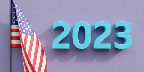 2023 Happy New Year America. USA flag and year number on pastel purple color wall