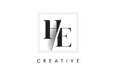 HE Serif Letter Logo Design with Creative Intersected Cut.