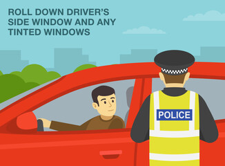 European traffic police officer pulls over a red sedan car on a city road. Roll down driver's side window. Young male driver looking at police officer. Flat vector illustration template.