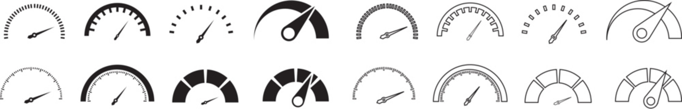 Speedometers icons set. Speed indicator sign. Performance concept. Fast speed sign. Vector illustration
