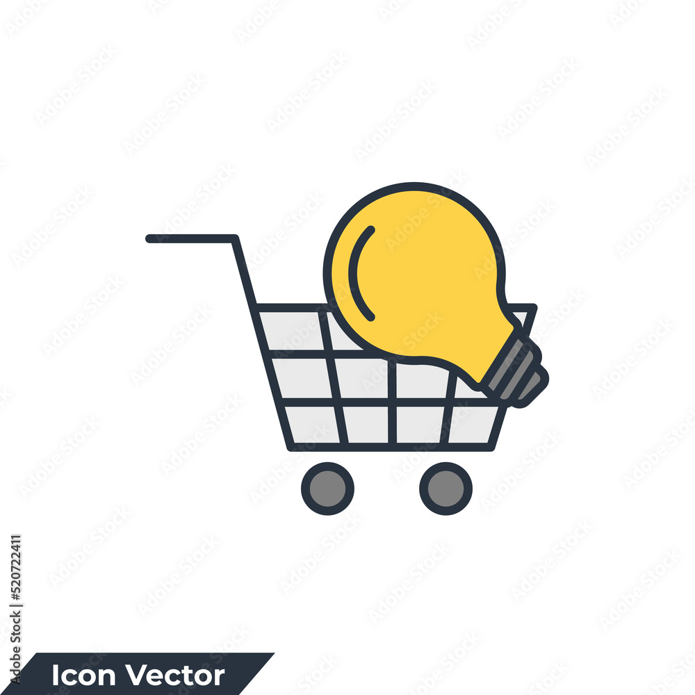 Poster e-commerce solution icon logo vector illustration. shopping cart and lightbulb symbol template for g