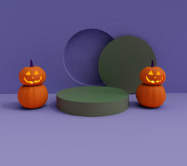 3d rendering of Halloween pumpkin side of podium inside candle glowing, minimal Halloween background design element