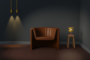 Brown Leather Sofa with gold Lamp on wooden table and pendant lamp 3D illustration, Empty 1 seats luxury sofa in navi blue room background
