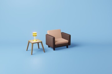 Brown sofa with gold lamp on wooden table 3D illustration, Empty luxury sofa on blue background