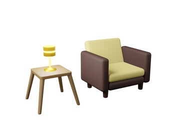 Yellow and brown sofa with gold lamp on wooden table 3D illustration, Empty seat luxury sofa