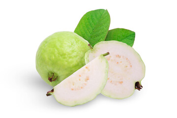 Guava fruit with slice and leaf isolated on white background.