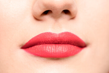 Obraz premium Glamorous sensual lips. Red lipstick, clear skin.