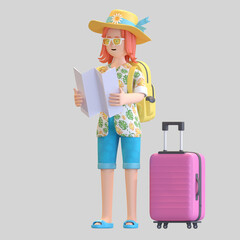 Young women traveler holding tourist map 3D character illustration