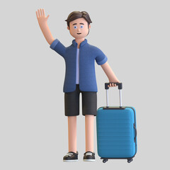 Young man traveler waving hand 3D character illustration