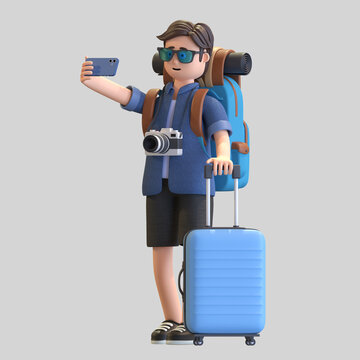 Young man traveler taking selfie photo with smartphone 3D character illustration