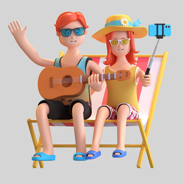 Young couple take a selfie photo while playing guitar at beach 3D character illustration