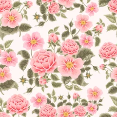 Foto op Canvas Vintage Pastel Pink Rose, Blossom, Peony Flower Bunch Seamless Pattern © Artflorara