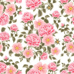 Vintage Pastel Pink Rose, Blossom, Peony Flower Bunch Seamless Pattern