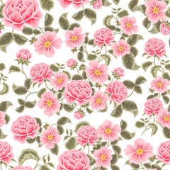 Vintage Pastel Pink Rose, Blossom, Peony Flower Bunch Seamless Pattern