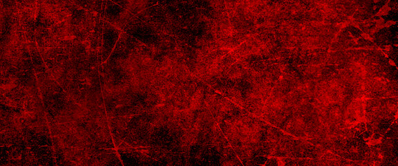 Red grunge texture background of cement plaster wall with cracks, red grunge wall texture. dark red grunge background. Horror Cement texture, wall full of scratches, Scary dark wall, grungy cement.