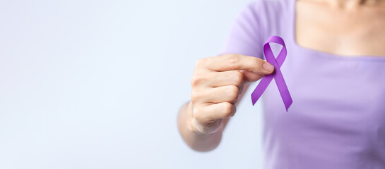 purple Ribbon for Violence, Pancreatic, Esophageal, Testicular cancer, Alzheimer, epilepsy, lupus, Sarcoidosis and Fibromyalgia. Awareness month and World cancer day concept - Powered by Adobe