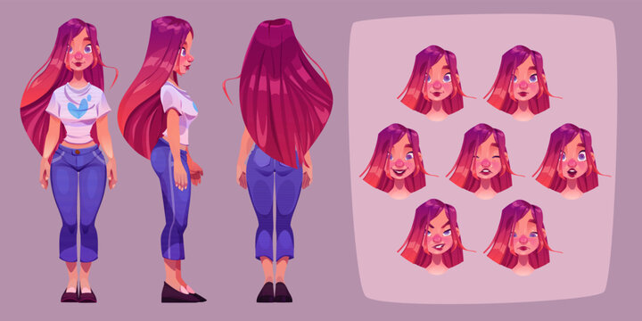 Pretty girl in front, side and back view. Young woman face with different emotions. Vector cartoon illustration of beautiful lady with long pink hair smile, sad, laugh, cry, shy and angry