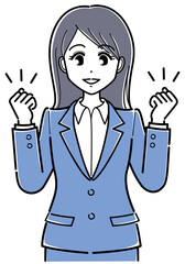 ガッツポーズのスーツの女性（シンプル・上半身）.