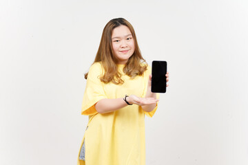 Naklejka premium Showing Apps or Ads On Blank Screen Smartphone of Beautiful Asian Woman wearing yellow T-Shirt