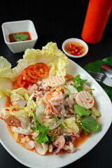 Instant Vermicelli Salad with Fresh Seafood Prawns and Vegetables ,Yam Mama, Thai food concept Quick and easy to cook Instant noodles make a simple and delicious dinner.