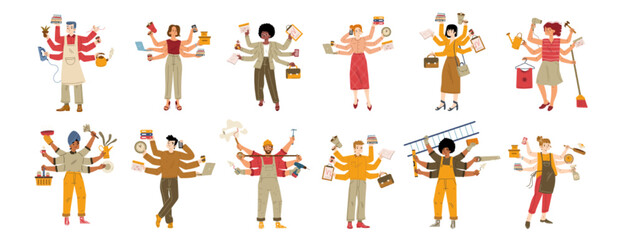 Busy multitasking characters, diverse business men, women housewife, handyman, wife or husband with many hands hold working tools. Multitask, home and office workload Line art flat vector illustration - obrazy, fototapety, plakaty