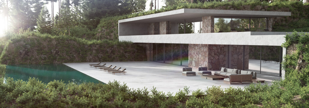 Modern facade house. Green nature view background. Minimal architecture design. Web banner. 3d render illustration exterior.
