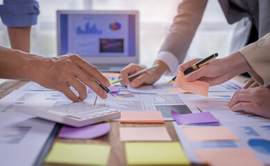 Financial, Brainstorming, Team of Businesswoman and Accountant checking Marketing Analysis data...