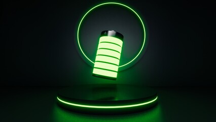Green battery glowing with plus and minus sign fully charged floating over black podium with green accent lights 3d illustration