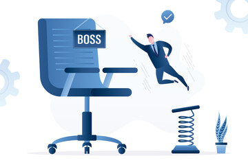 Businessman jumps into boss chair with help of spring. Job offer. Promotion at work, career ladder. Improved working conditions. Employment, high position in corporation. Career development.