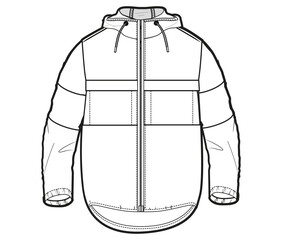 hoodie jacket mens, boys winter wear long sleeve hooded jacket flat sketch vector illustration cad mockup. © SQB Creation 