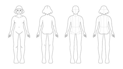 Age 11-13 years kid girl figure for kidswear sketch. Fashion template of preteen body mannequin, 7-head proportions. Front and back view
