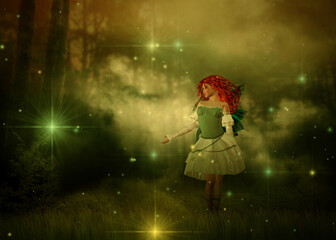 Redhead girl in foggy forest