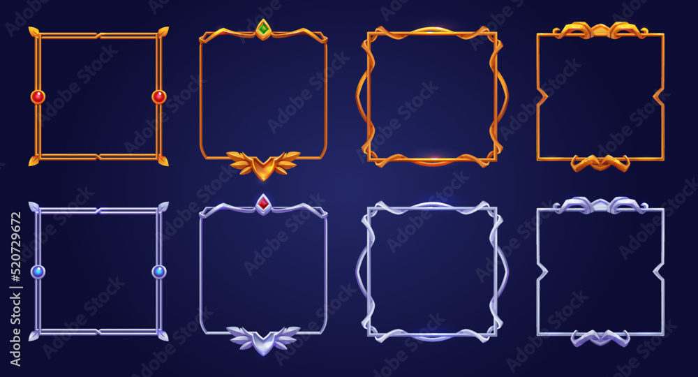 Poster set of square gold and silver ui game frames decorated with gemstones. vector illustration of textur