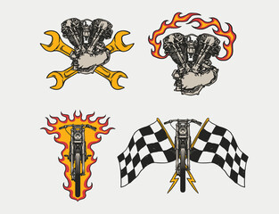 Set of Hand Drawn Vintage style Motorcycle and garage logo badge