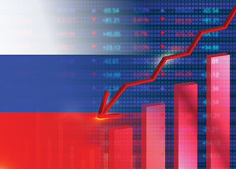 Economic crisis in Russia.Financial crisis concept.Russian flag with stock chart