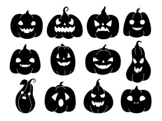 Set of pumpkins for Halloween. Creepy pumpkin head with a smile in black color on a white background. Flat vector illustration.