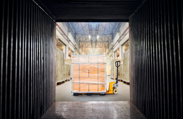 Inside Cargo Container with Packaging Boxes Stacked on Pallets. Loading Delivery Trucks. Supply...